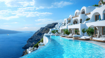 luxury swimming pool in santorini. 3d rendering