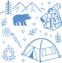 "Camping Doodle Icons with Tent, Fire, Bear, Mountains, Backpack, Trees and Outdoor Elements in Blue Line Art Style, Adventure Travel Hiking Illustration for Prints and Designs"
