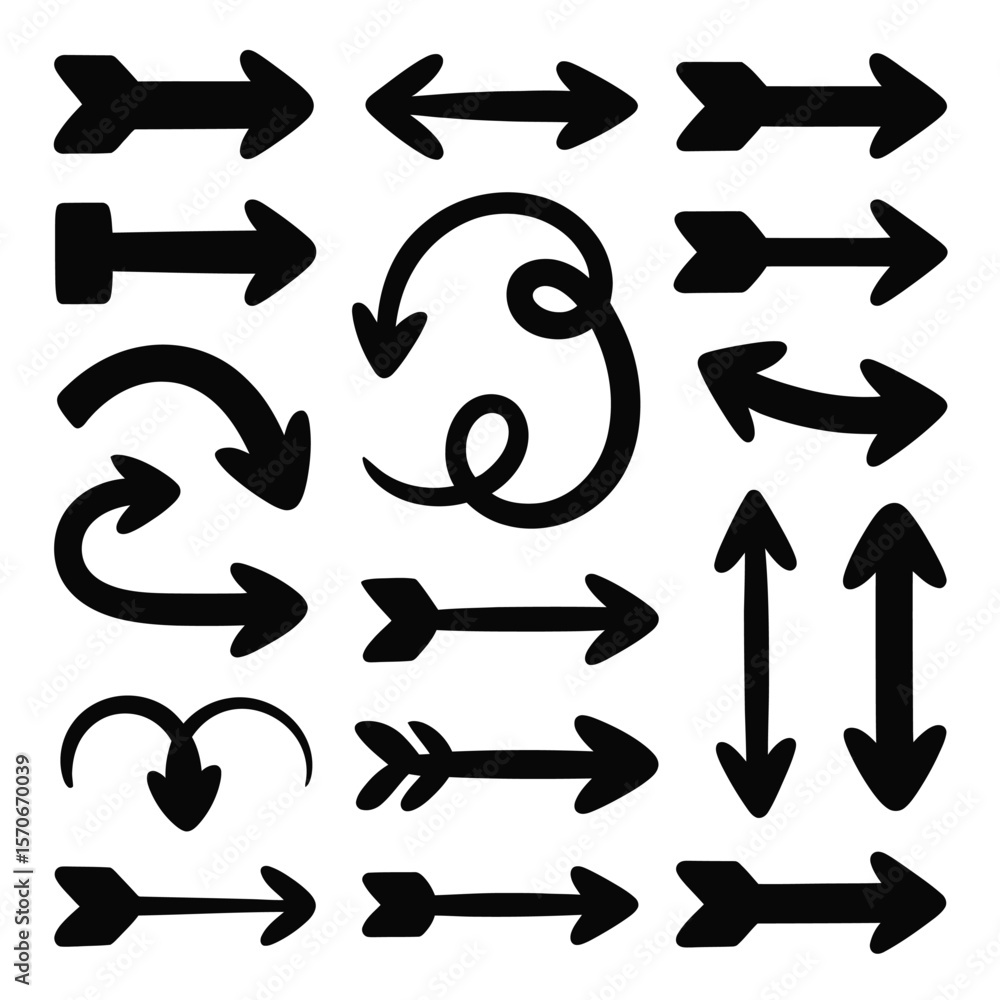 Poster collection of hand drawn black arrows various styles and directions simple bold outline graphic desi