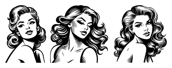 beautiful retro woman head portrait sketch vector