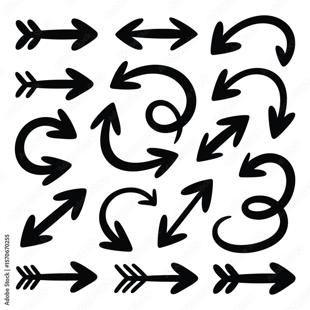 Poster collection of hand drawn black arrows various styles and directions simple bold outline vector graph