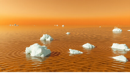 Methane lake on Titan. Ligeia Mare ripples of methane gas beneath an orange haze. Icebergs of solid organic compounds float near the shore.