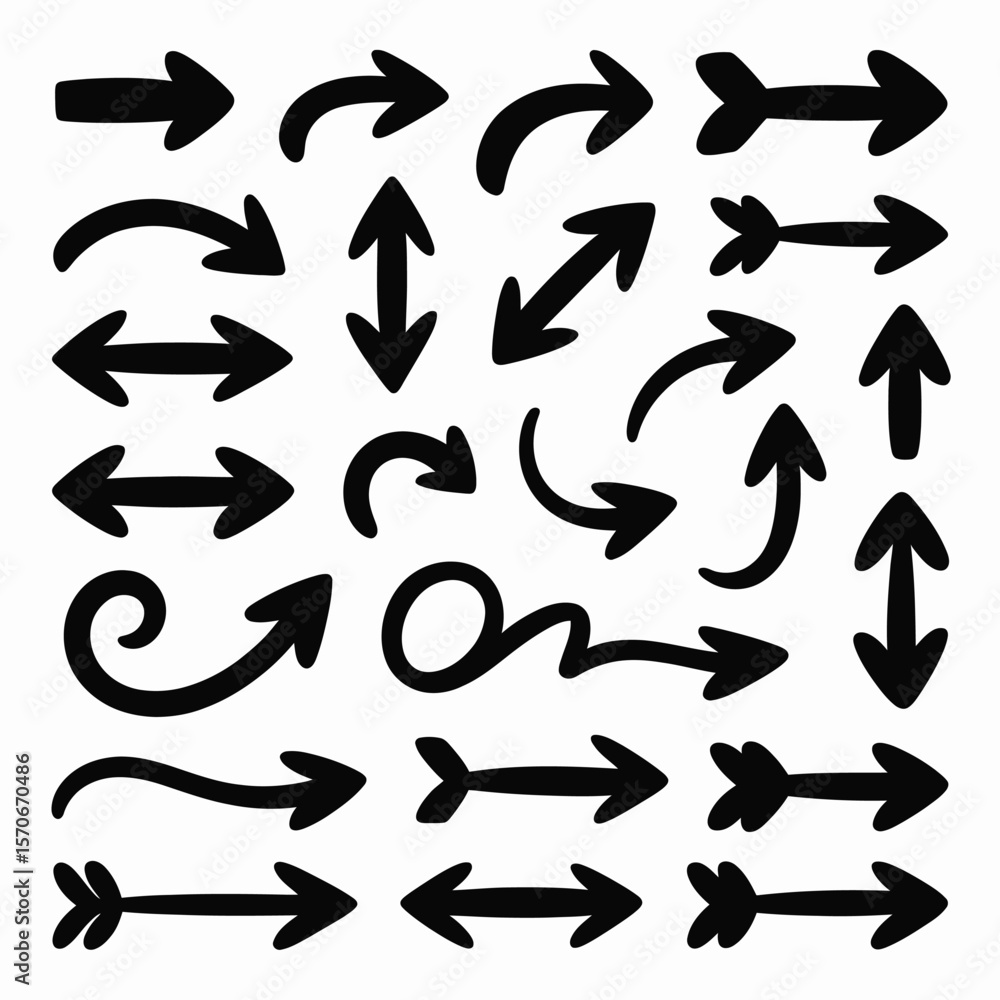 Poster collection of hand drawn black arrows various styles and directions simple bold outline white backgr