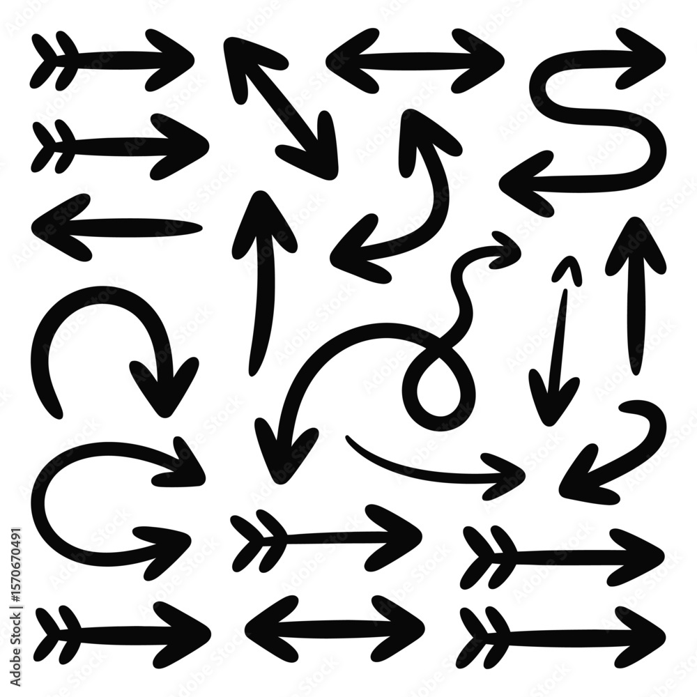 Poster collection of hand drawn black arrows various styles and directions simple bold outline vector graph