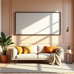 Elegant Living Room Mockup Neutral Sofa Sunlit Walls