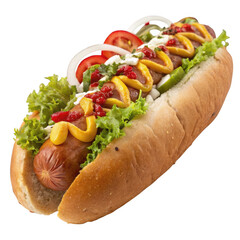 Delicious hotdog isolated on transparent background with toppings