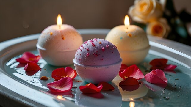 A bubble bath scene with bath bombs, candles, and rose petals - Powered by Adobe