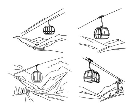 cable car gondola in mountains sketch set vector