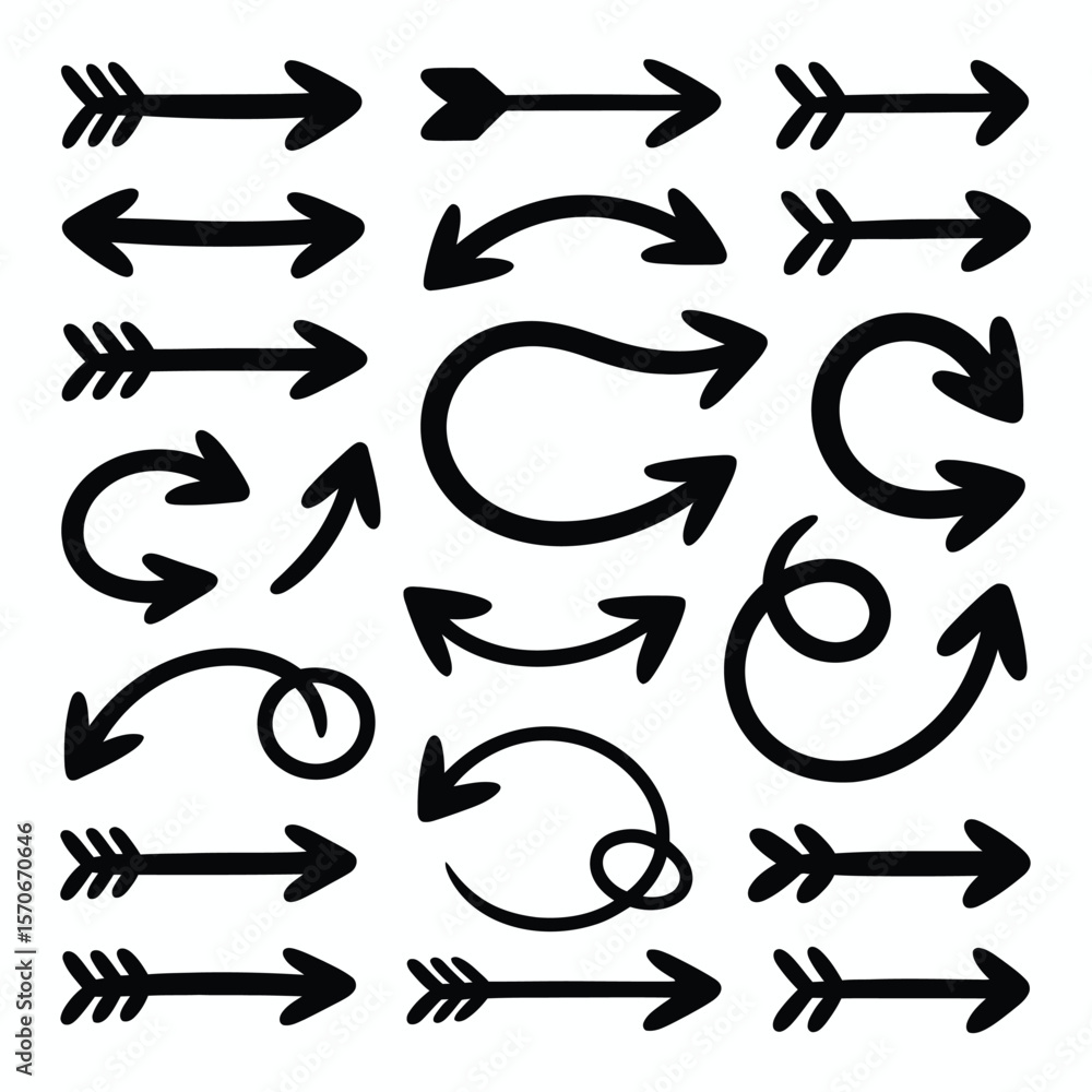 Poster collection of hand drawn black arrows various styles and directions simple line art graphic design e