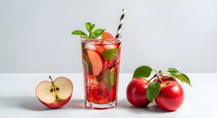 Refreshing apple cocktail with ice cubes and mint on white background