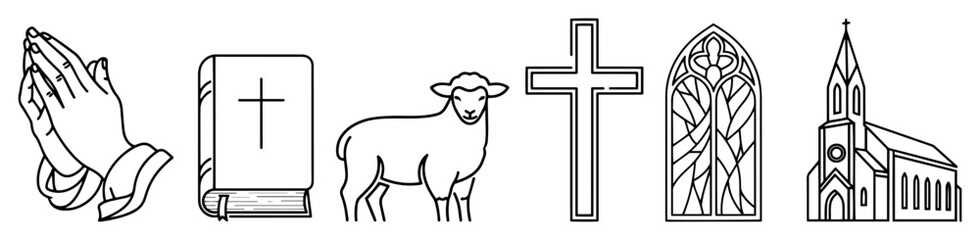 christian religion symbols icon set vector line art