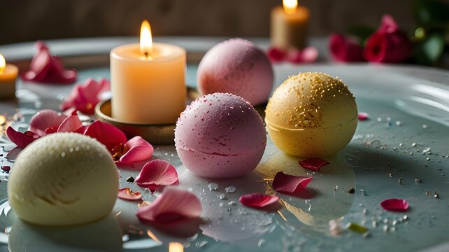 A bubble bath scene with bath bombs, candles, and rose petals
