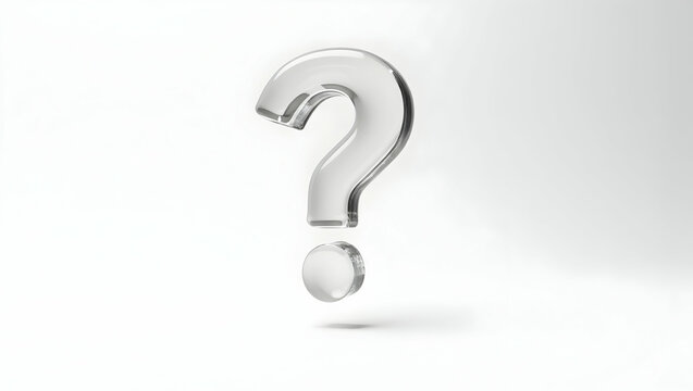 Question icon A translucent glass question mark floating mid-air with a soft shadow cast below, isolated on a white background