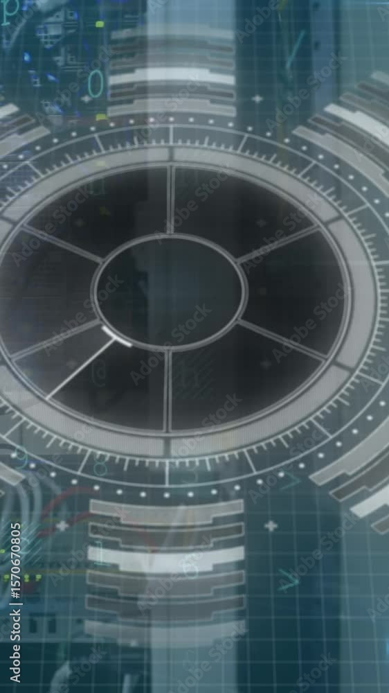 Poster animation of interface with data processing and round scanner over close up of a computer server