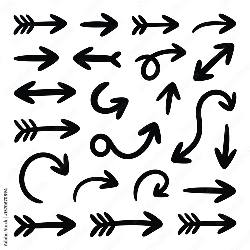 Poster collection of hand drawn black arrows various styles and directions simple line art graphic design e