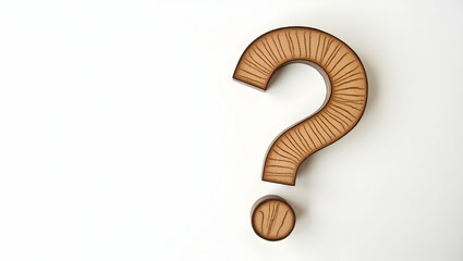Naklejka premium Question icon A wooden question mark carved with grain patterns visible, lying on white surface in flatlay style