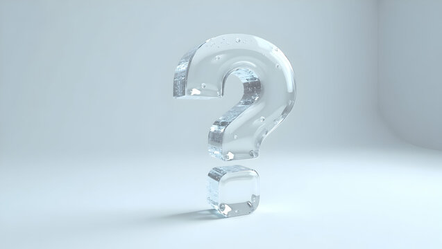 Question icon An abstract 3D ice sculpture of a question mark, glossy and semi-transparent, casting soft reflections on a white ground plane (3) - Powered by Adobe