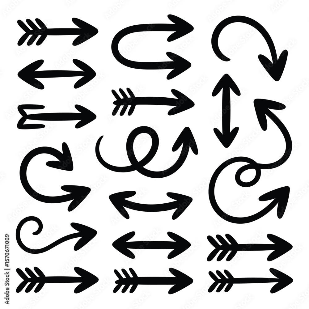 Poster collection of hand drawn black arrows various styles and directions simple line art graphic design e
