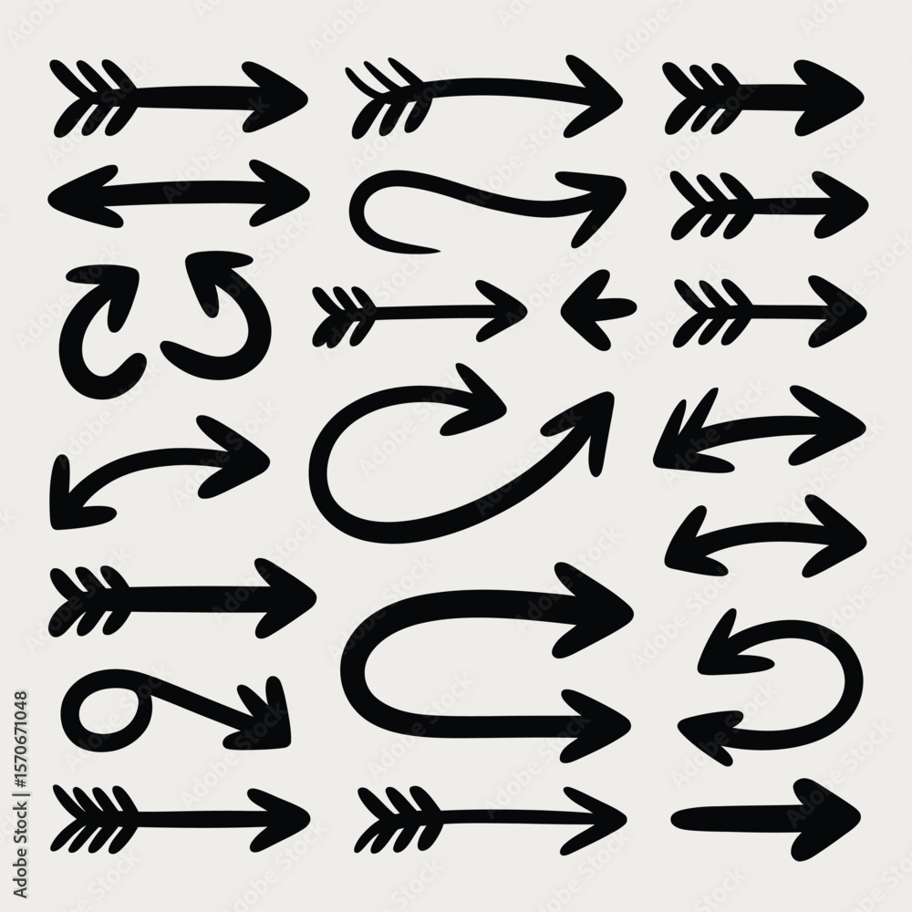 Poster collection of hand drawn black arrows various styles and directions simple line art graphic design e
