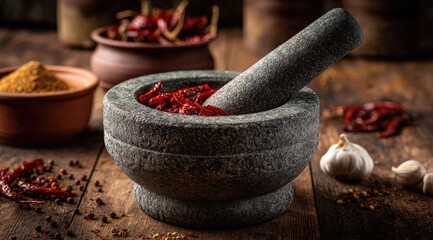 A granite mortar and pestle sits on a rustic wooden surface, containing dried red chilies.  Surrounding it are bowls of various spices including chili flakes and powders