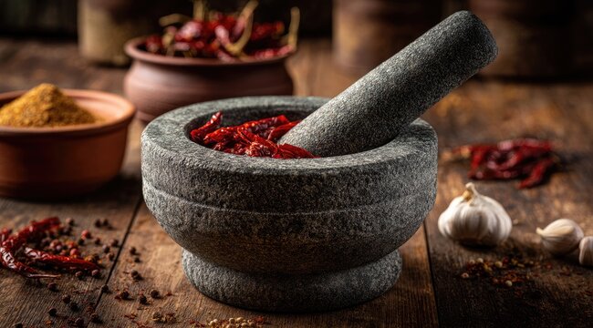 A granite mortar and pestle sits on a rustic wooden surface, containing dried red chilies.  Surrounding it are bowls of various spices including chili flakes and powders - Powered by Adobe