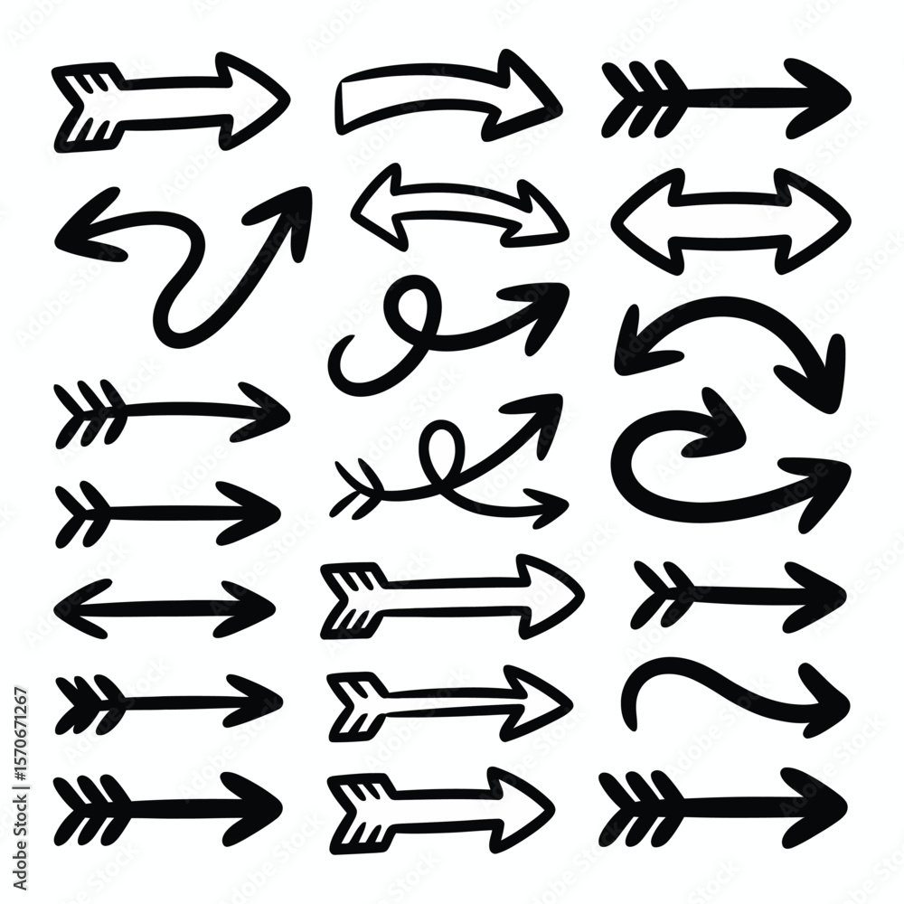 Poster collection of hand drawn black arrows various styles and directions simple line art graphic design e