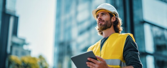 The construction worker using a tablet to oversee his building project.