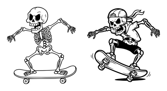 skateboarding skeletons extreme sport cartoon set