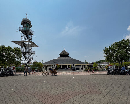 Demak, Indonesia-November 14, 2023: A classic Javanese mosque, Masjid Agung Demak, with a unique minaret under a clear sky.