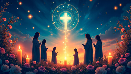 Artistic illustration for All Souls’ Day — silhouettes of souls ascending among stars, surrounded by lit candles and floral wreaths, symbolic and serene