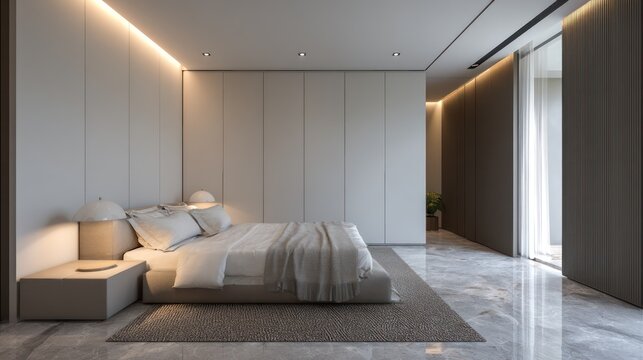 Minimalist bedroom in almond white and basalt gray, integrated LED strip casting even wall glow, wool bed runner