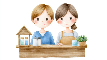 Happy couple with creative sme startup business. smiling man and woman behind shop counter in watercolor illustration