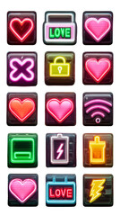 Retro neon technology buttons with hearts and individual icons