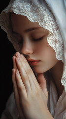 Serene Young Woman Praying with Folded Hands in Religious Devotion