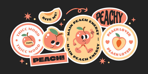 Groovy peach sticker collection. Trendy seasonal fruits label, badges, patchs, logos with quotes.
