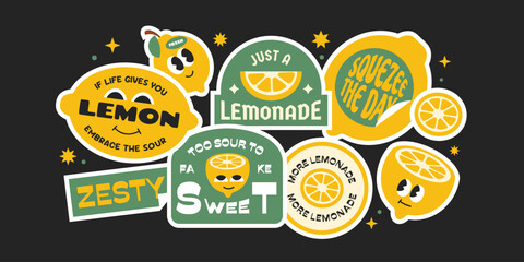 Groovy lemon sticker collection. Trendy seasonal fruits label, badges, patchs, logos with quotes.