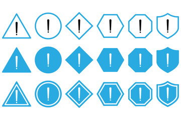 Set of warning and alert icons with exclamation marks in various shapes and colours. triangle, circle, shield with black, red, green, yellow and blue styles for hazard, caution and error messages.