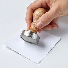 Woman hand pressing wood stamp onto blank white paper. focused professional office concept cutout on white background