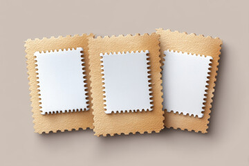 Three blank postage stamp mockup with kraft paper border and white cutout center. Simple design on plain background