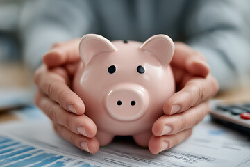 Hands Protecting Pink Piggy Bank on Wooden Table, Symbol of Savings, Financial Security and Investment Protection