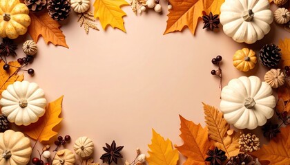 Autumn harvest celebration with pumpkins and leaves seasonal decor indoor setting warm colors cozy atmosphere