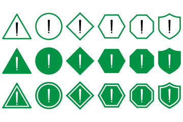 Set of warning and alert icons with exclamation marks in various shapes and colours. triangle, circle, shield with black, red, green, yellow and blue styles for hazard, caution and error messages.