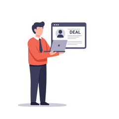 Man holding laptop displaying deal information in business setting  