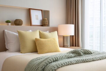 Obraz premium Guest room in butter yellow and seafoam green, natural backlighting casting layered volumetric haze across bed, subtle textile