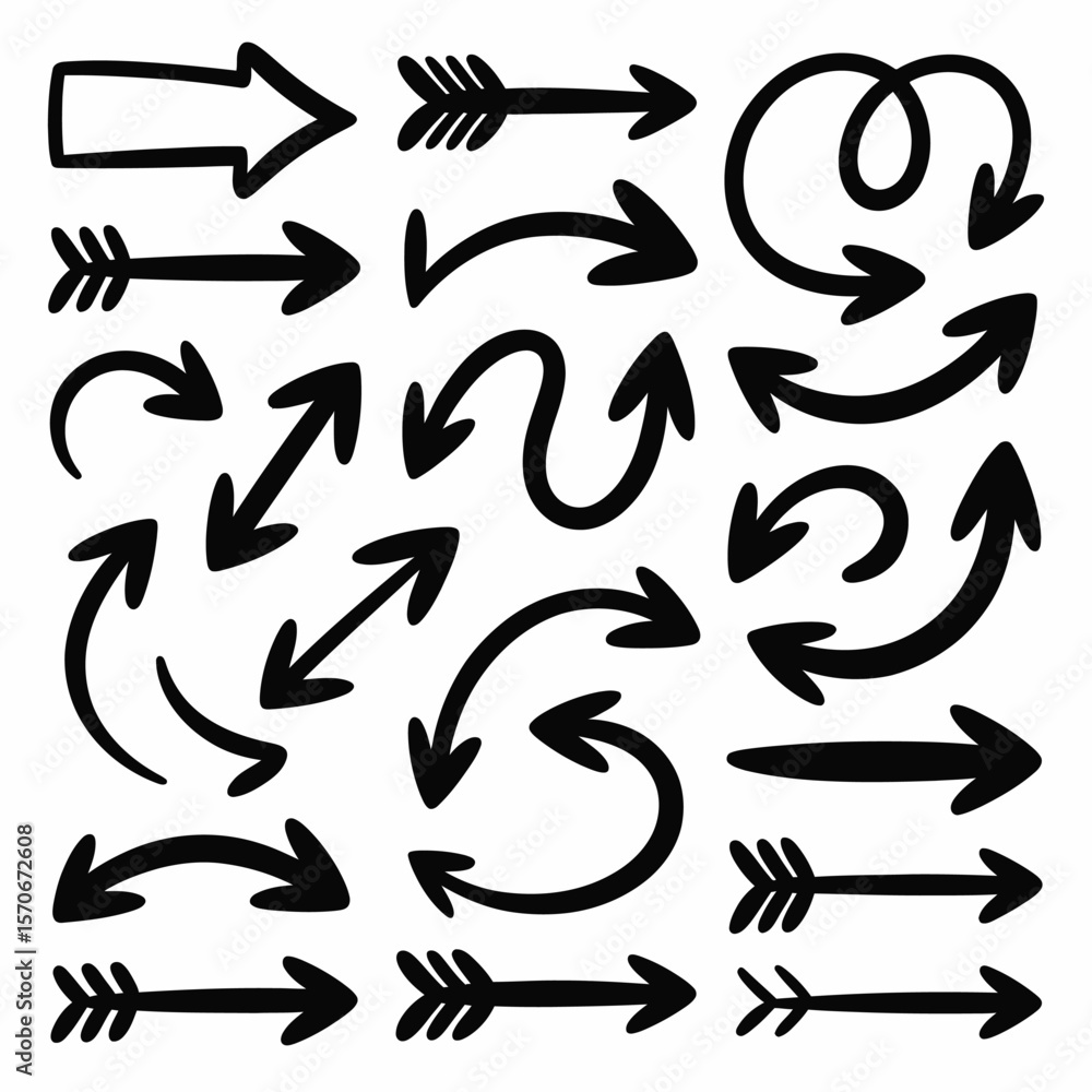 Poster collection of hand drawn black arrows various styles and shapes thick outline simple design elements