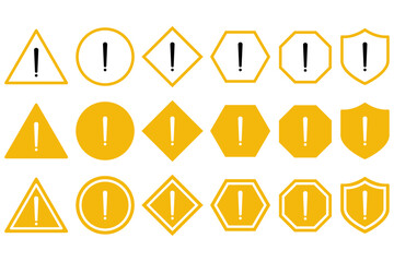 Set of warning and alert icons with exclamation marks in various shapes and colours. triangle, circle, shield with black, red, green, yellow and blue styles for hazard, caution and error messages.