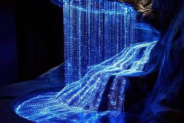 A digital waterfall made of cascading binary code, glowing blue streams of data forming intricate patterns