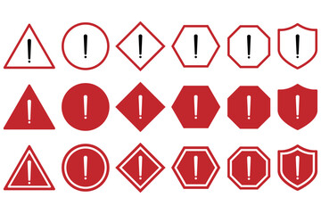 Set of warning and alert icons with exclamation marks in various shapes and colours. triangle, circle, shield with black, red, green, yellow and blue styles for hazard, caution and error messages.