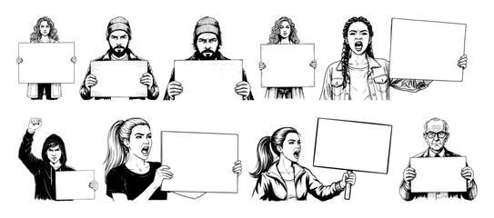 protesters with blank signs vector sketch set