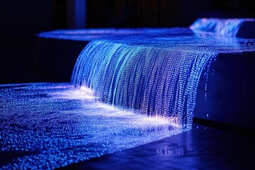 A digital waterfall made of cascading binary code, glowing blue streams of data forming intricate patterns